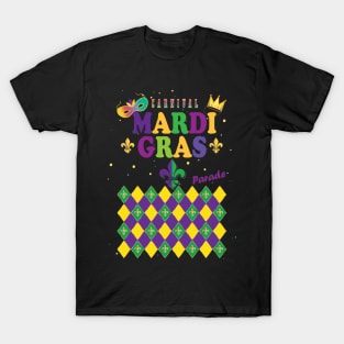 Mardi Gras Carnival Festive Geometrical Fleur de Lis Rhombus Arrangement Pattern, Green, Yellow, Purple color, Festival Party Decoration. Modern Art T-Shirt